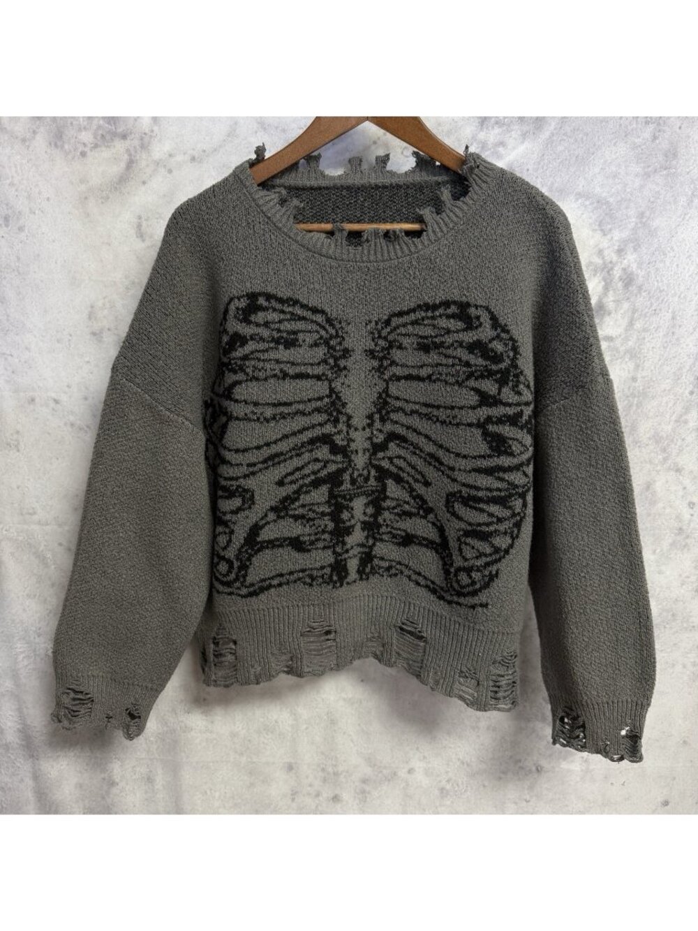 Grunge Alt Skeleton Rib Cage Distressed Knit Sweater Boxy Crop Grey Size L